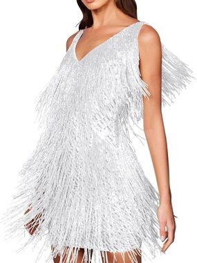 White Fringe V-Neck Party Dress